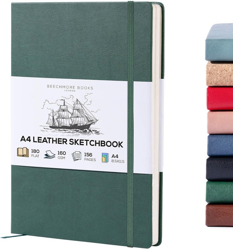 Beechmore Books دفتر رسم A4 – 8.5x11 جلد نباتي فاخر كبير مع 156 صفحة سميكة 160gsm بيج عاجي مثقبة، دفتر رسم فارغ، مع علبة هدايا، جيب خلفي، علامة مرجعية من الشريط - Image 1
